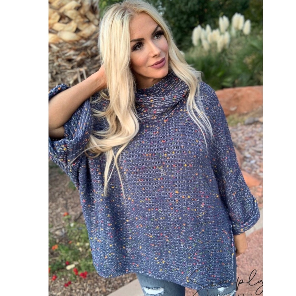 POL Slouched Oversized Poncho Blue Popcorn Sweater